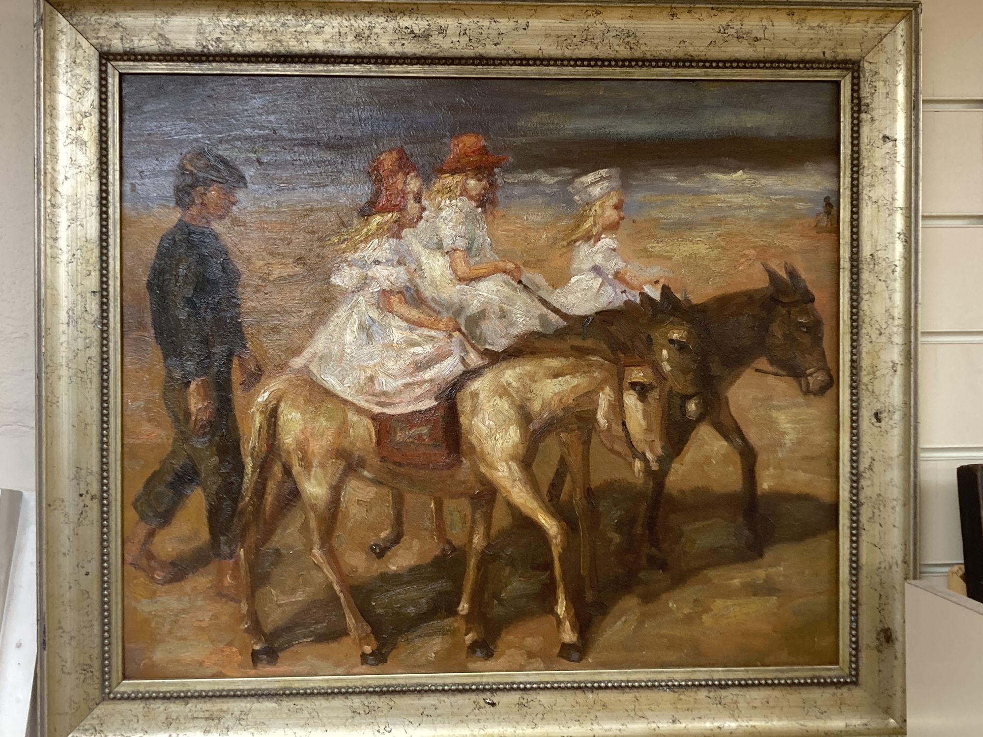 Continental School, oil on canvas, Donkey ride on the beach, 49 x 59cm